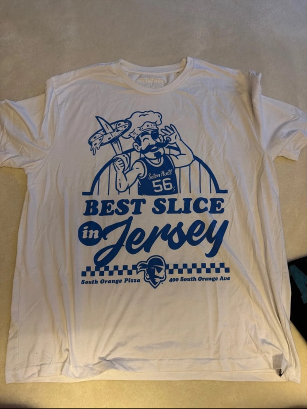 RSVLTS White Tee with Blue 'Best Slice in Jersey' Graphic